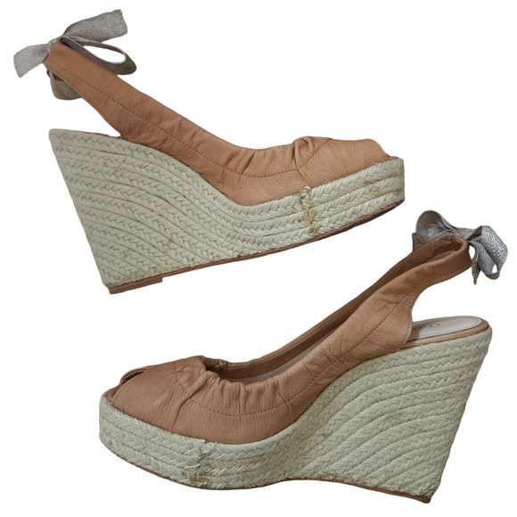 COACH Maritza leather slingback peep toe wedge heels tan bow sandals Size 6.5 B - Picture 9 of 9